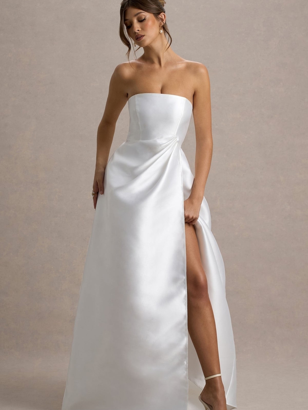 White Bandeau Split Puff Skirt Maxi Dress